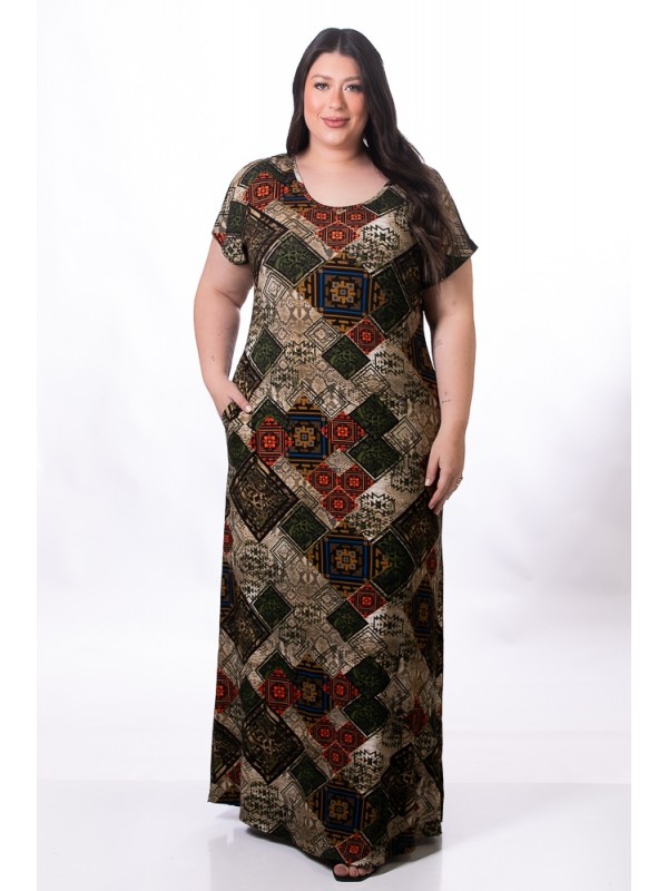 2558 VESTIDO VISCOLYCRA ESTAMPADA LONGO PLUS  SIZE 